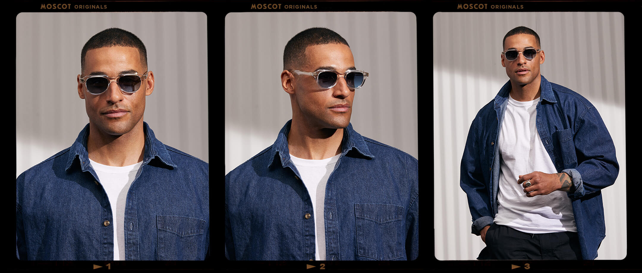 Model is wearing The GOOLAH SUN in Crystal in size 50 with Denim Blue Tinted Lenses