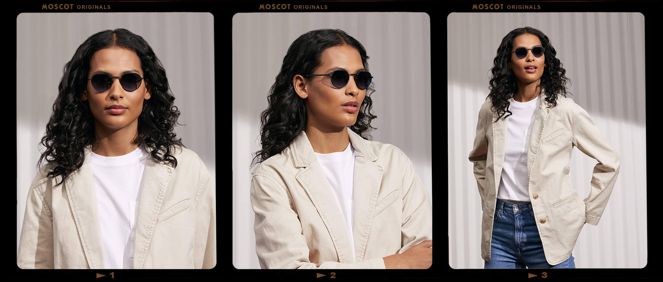 Model is wearing The SMENDRIK SUN in Navy in size 48 with Denim Blue Lenses