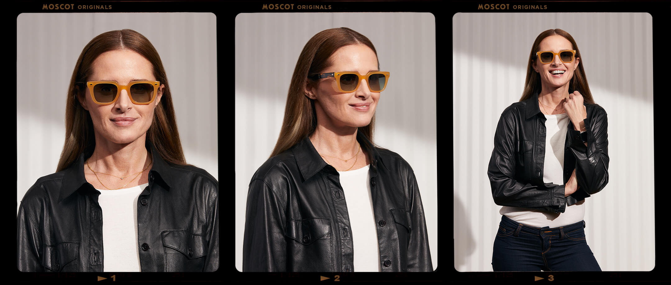 Model is wearing The GROBER SUN in Honey/Tortoise in size 48 with Forest Wood Tinted Lenses