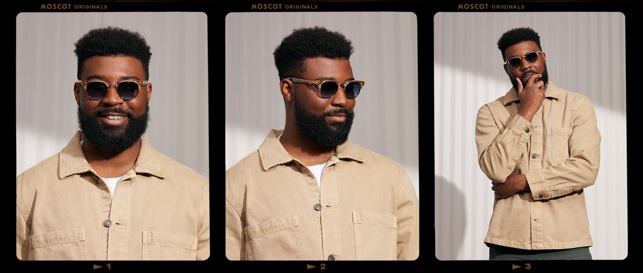 Model is wearing The TINIF SUN in Cinnamon/Gold in size 48 with Denim Blue Tinted Lenses