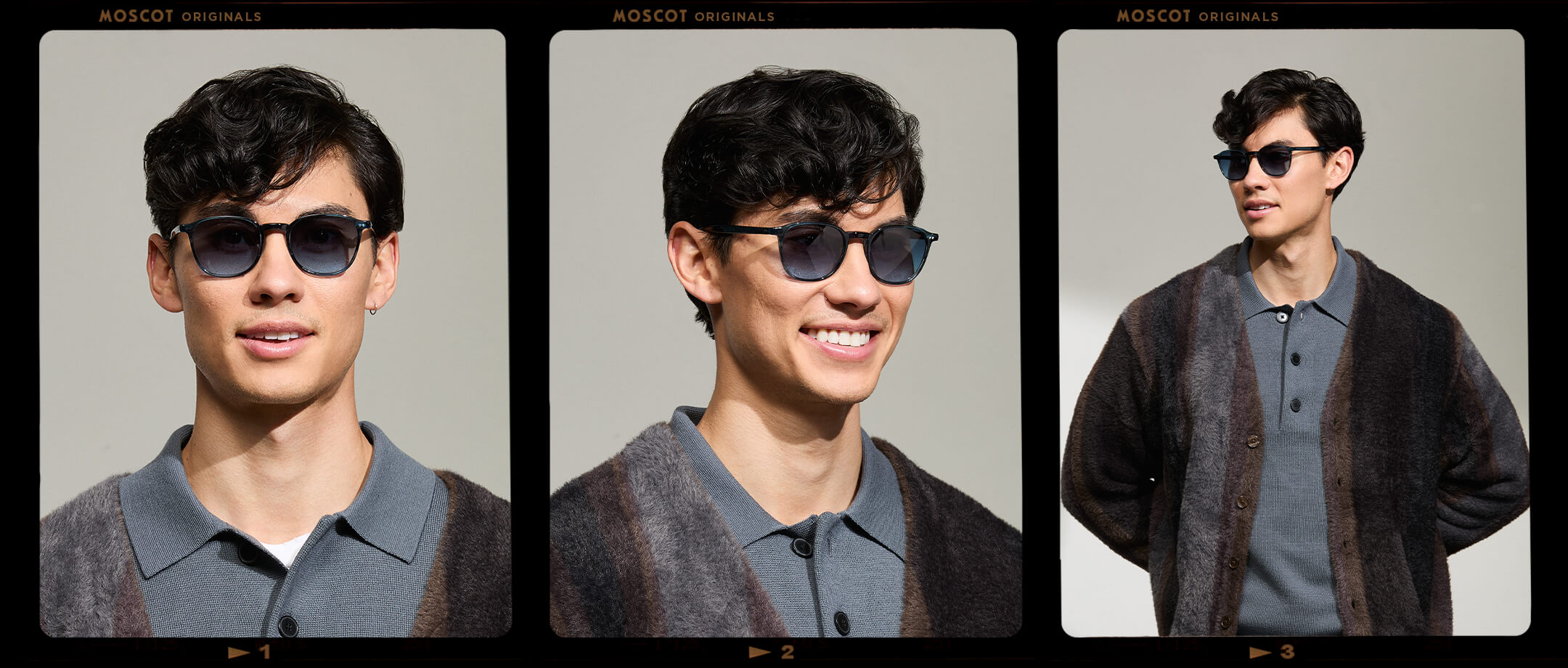 Model is wearing The ARTHUR SUN in Ink in size 51 with Denim Blue Tinted Lenses