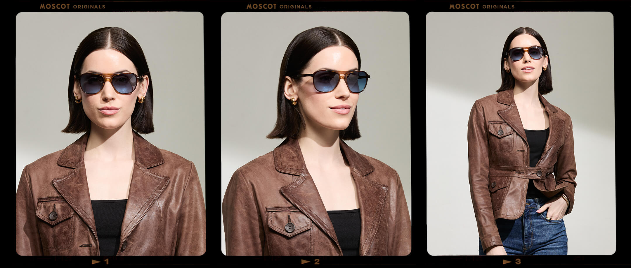 Model is wearing The BJORN SUN in Tobacco in size 58 with Denim Blue Tinted Lenses