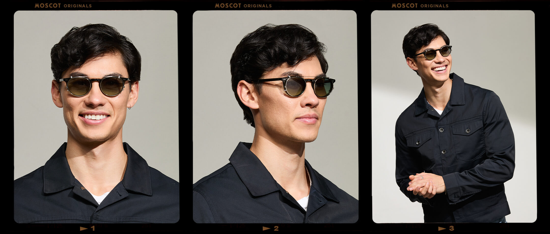 Model is wearing The FRANKIE CLIP in Gold in size 48 with Forest Wood Tinted Lenses