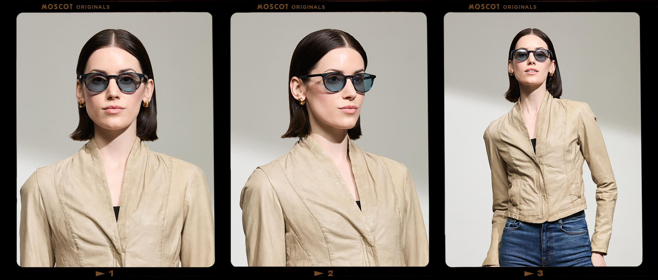 Model is wearing The FRANKIE SUN in Ink in size 51 with Mineral Blue Tinted Lenses