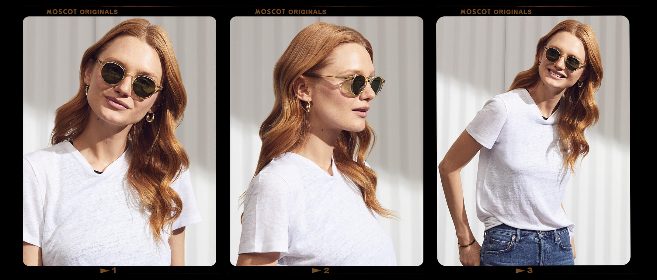 Model is wearing The MILTZEN SUN W/ METAL NOSE PADS in Flesh in size 49 with Calibar Green Glass Lenses