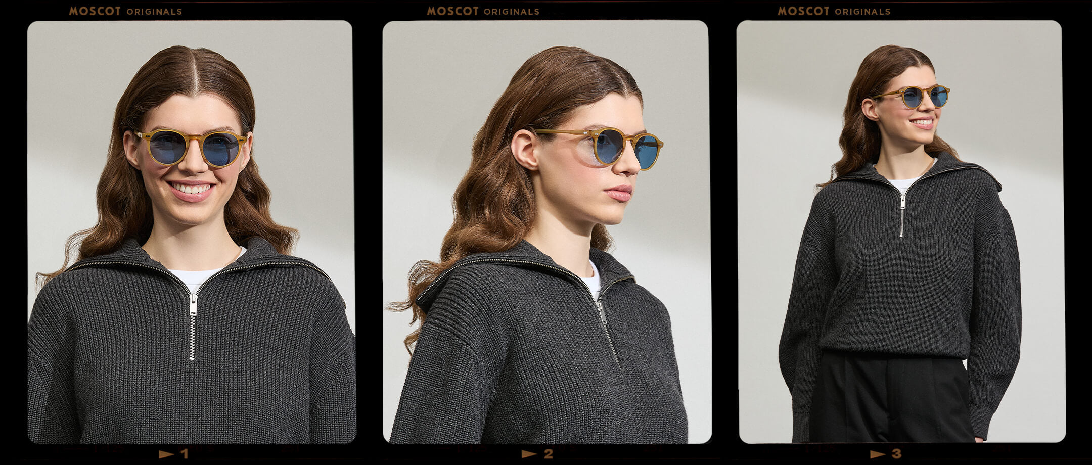 Model is wearing The MILTZEN in Blonde in size 49 with BLUE+ Lenses