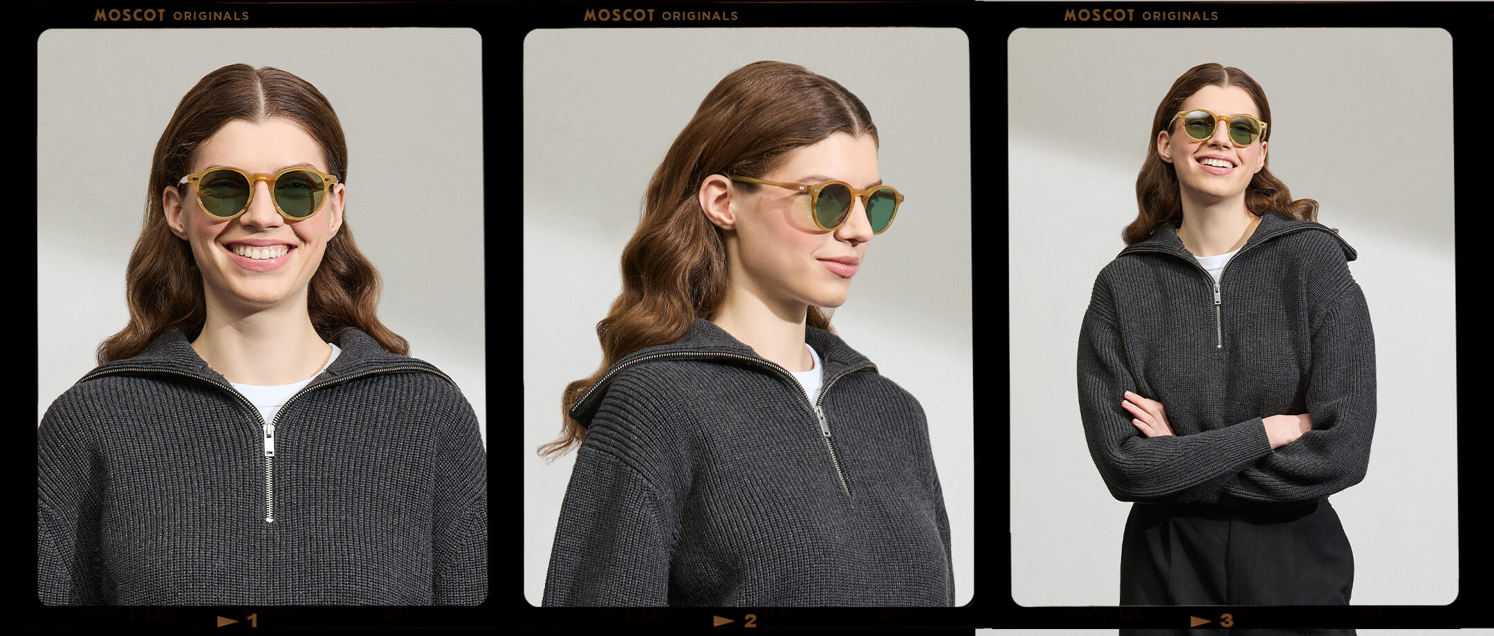 Model is wearing The MILTZEN in Blonde in size 49 with GREEN+ Lenses