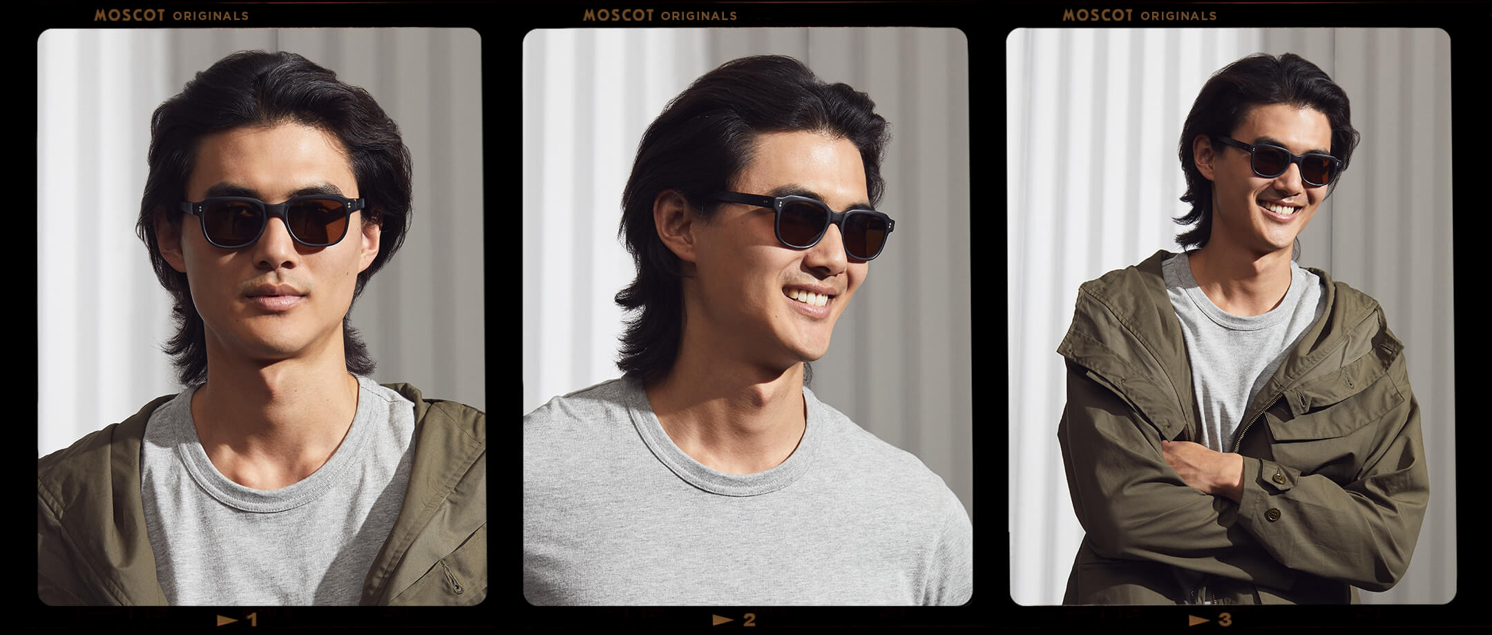 Model is wearing The MORRIS SUN in Matte Black in size 50 with Cosmitan Brown Glass Lenses
