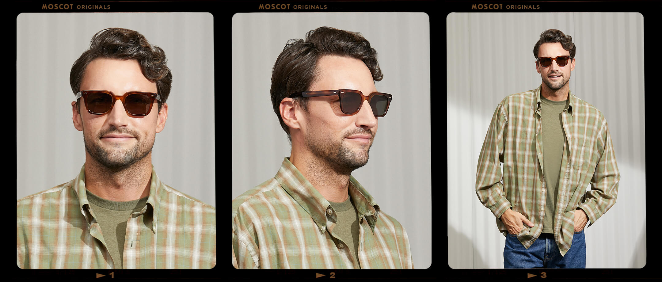 Model is wearing The GROBER SUN in Tobacco in size 48 with G-15 Lenses