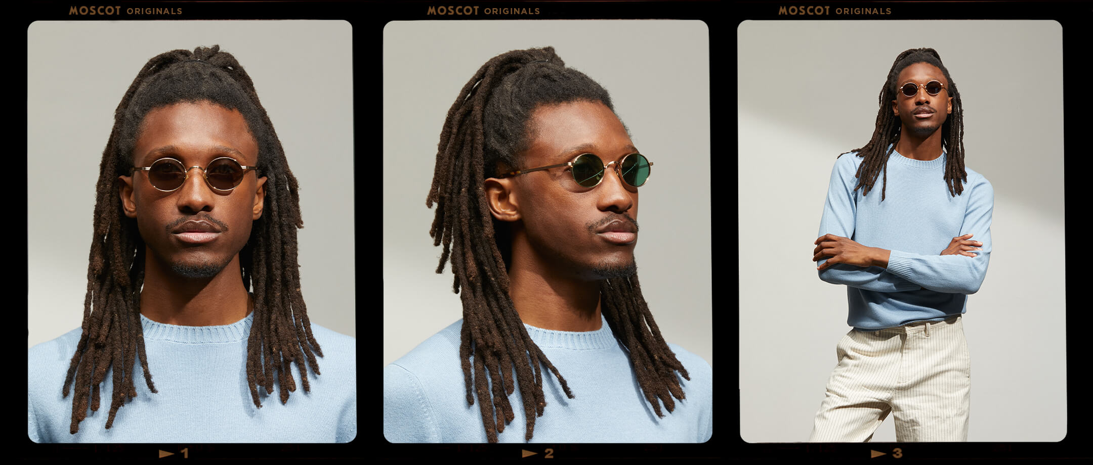 Model is wearing The MOYEL SUN in Gold in size 44 with G-15 Tinted Lenses
