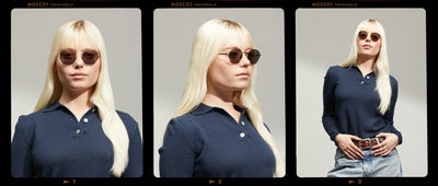 Model is wearing The PLOTZ SUN in size 49 in Gold with G-15 Tinted Lenses