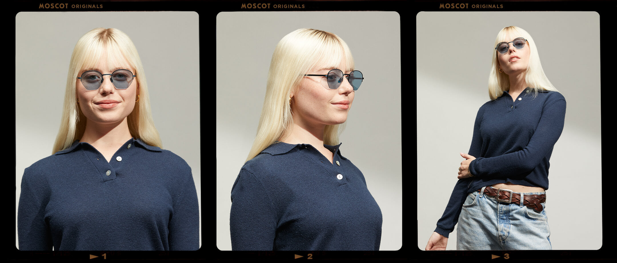 Model is wearing The PLOTZ SUN in size 49 in Navy with Blue Tinted Lenses