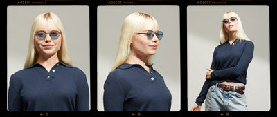 Model is wearing The PLOTZ SUN in size 49 in Navy with Blue Tinted Lenses
