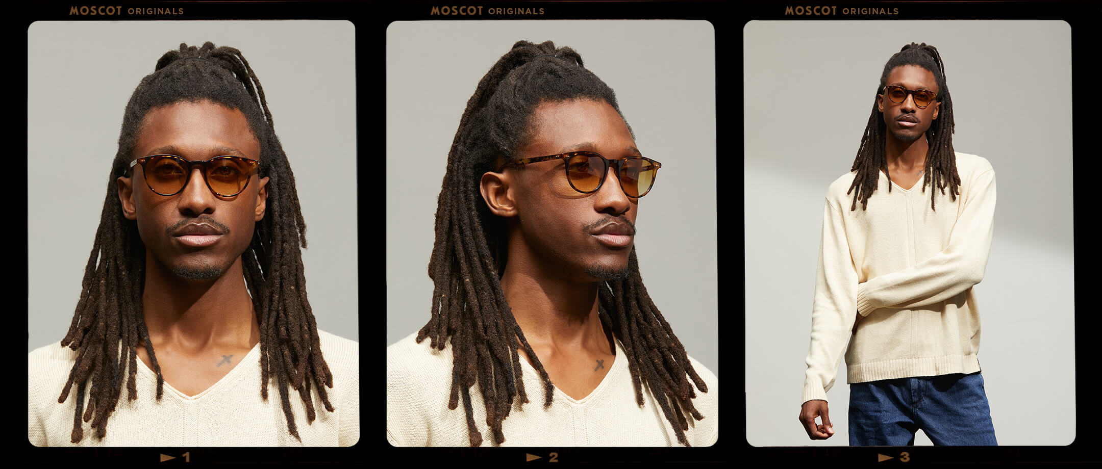 Model is wearing The JARED SUN in size 50 in Spot Tortoise with Chestnut Fade Tinted Lenses