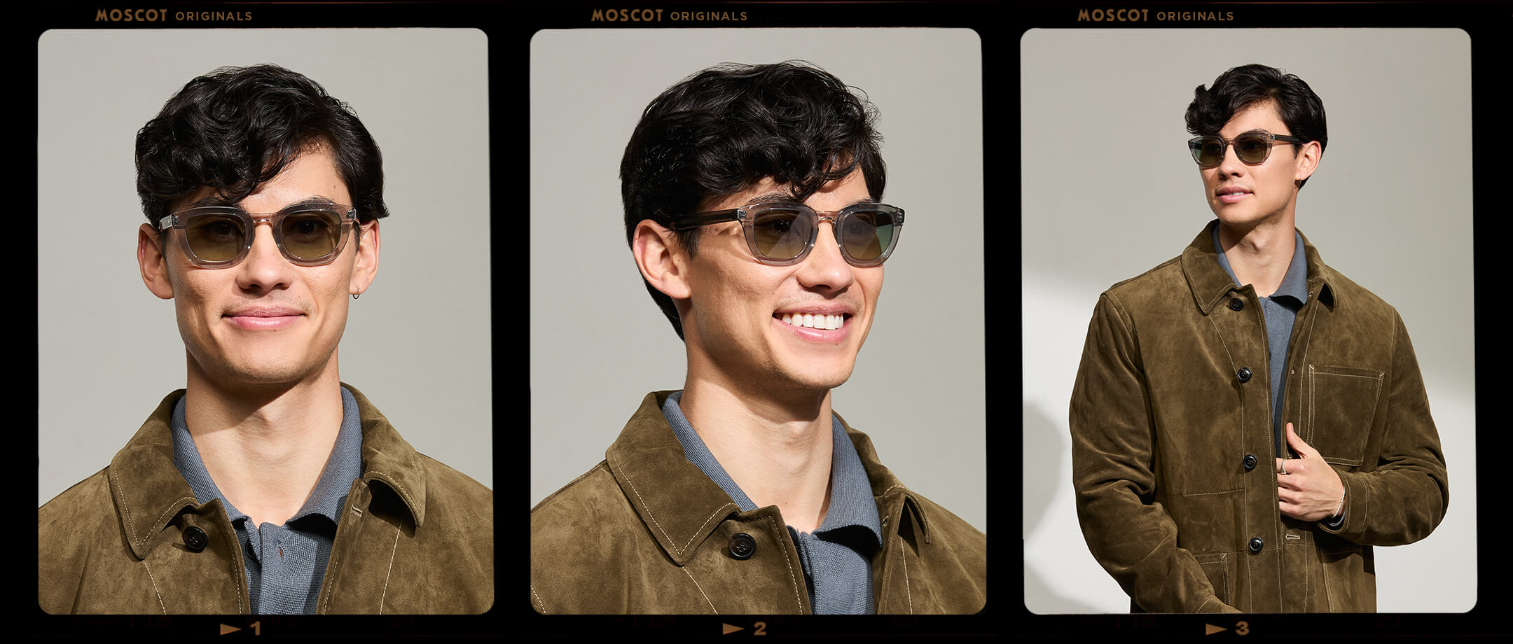 Model is wearing The TELENA in Grey/Light Grey in size with Forest Wood Tinted Lenses
