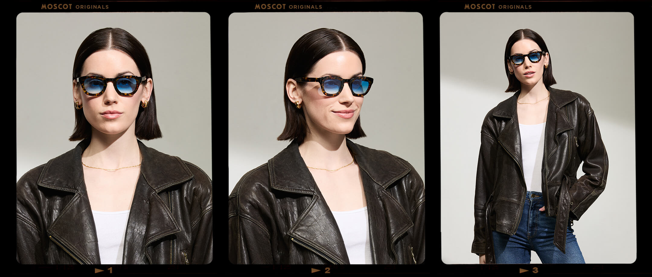Model is wearing The TELENA in Tortoise/Black in size 44 with Broadway Blue Tinted Lenses