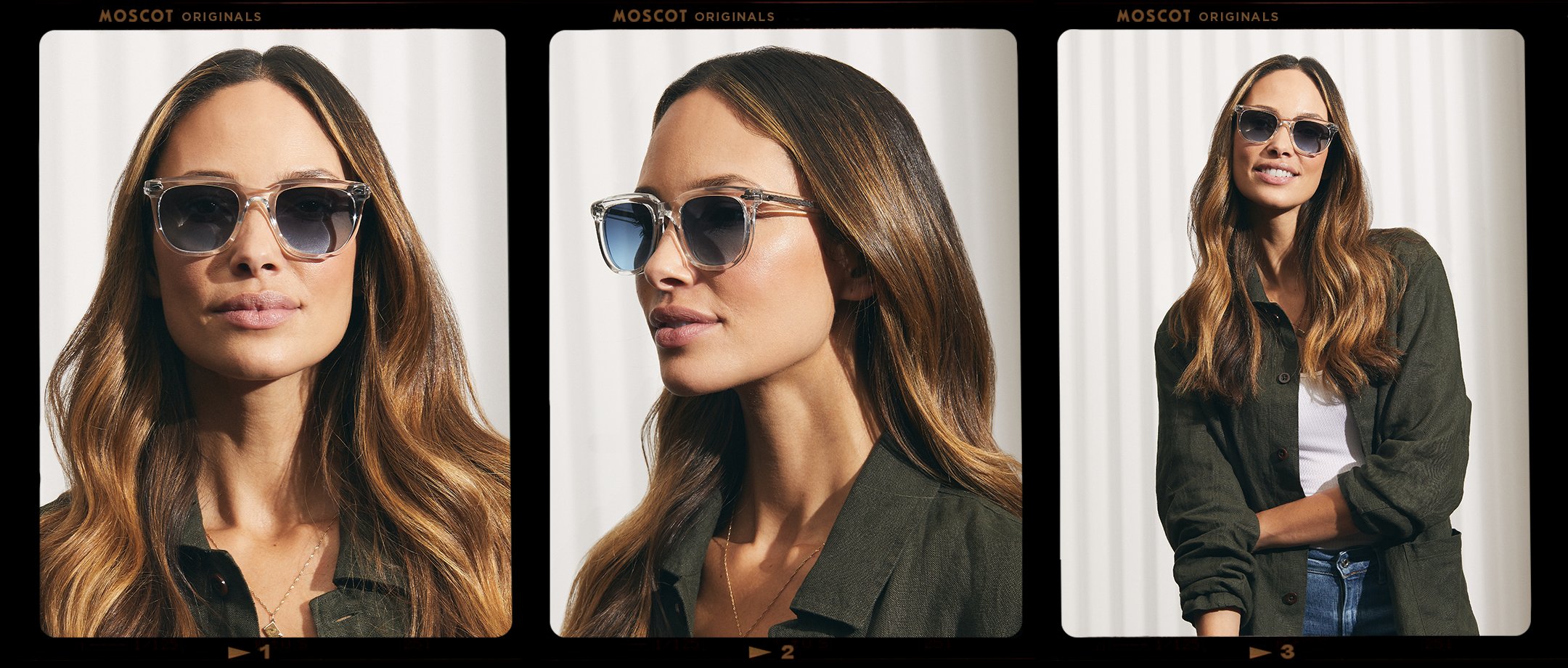 Model is wearing The YONTIF SUN in Crystal in size 52 with Denim Blue Tinted Lenses