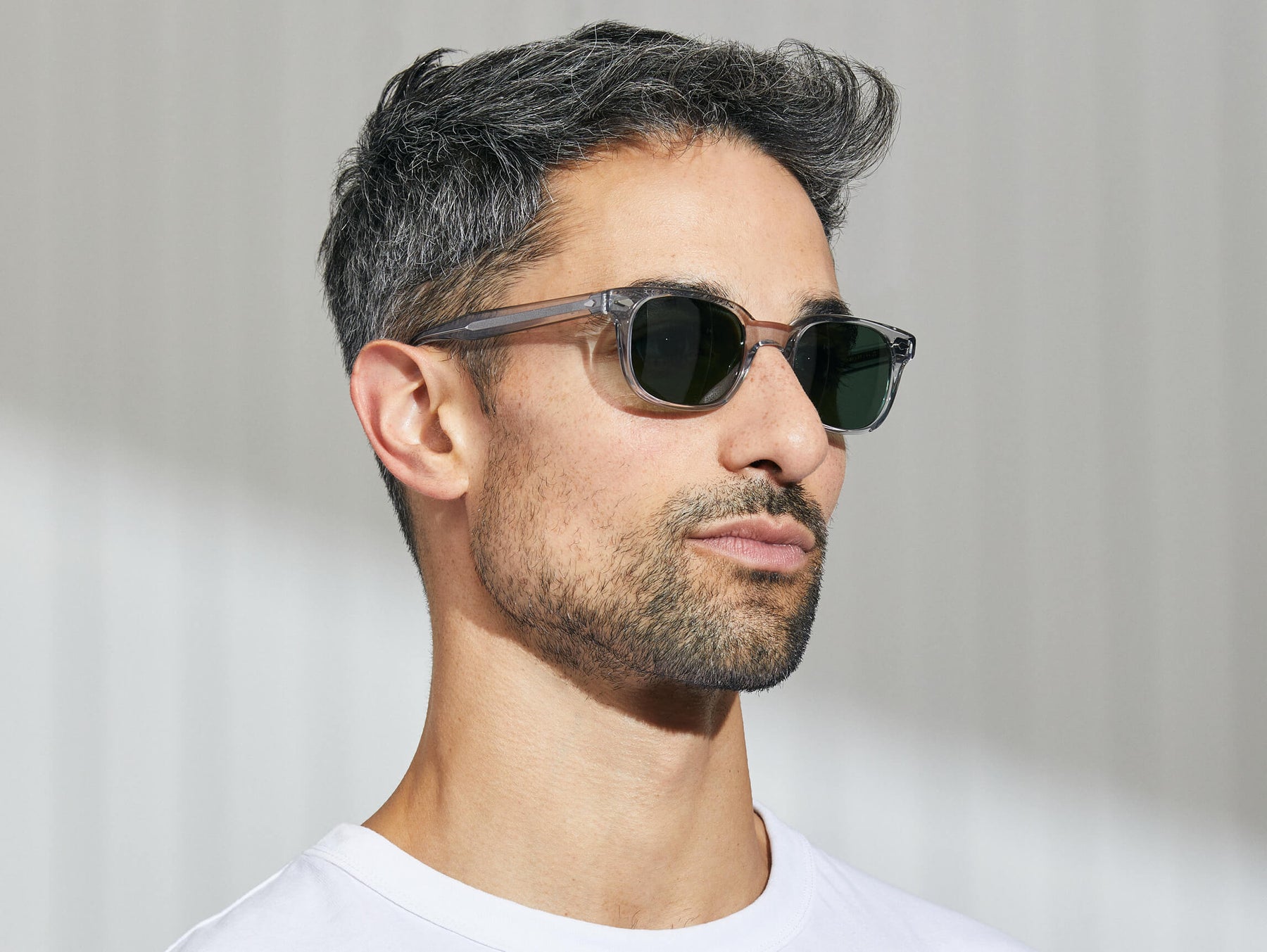 Model is wearing The BOYCHIK SUN in Light Grey in size 49 with G-15 Glass Lenses