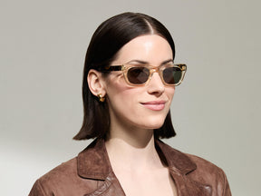 Model is wearing The SPILKES SUN in size 48 in Flesh/Tortoise with G-15 Tinted Lenses 