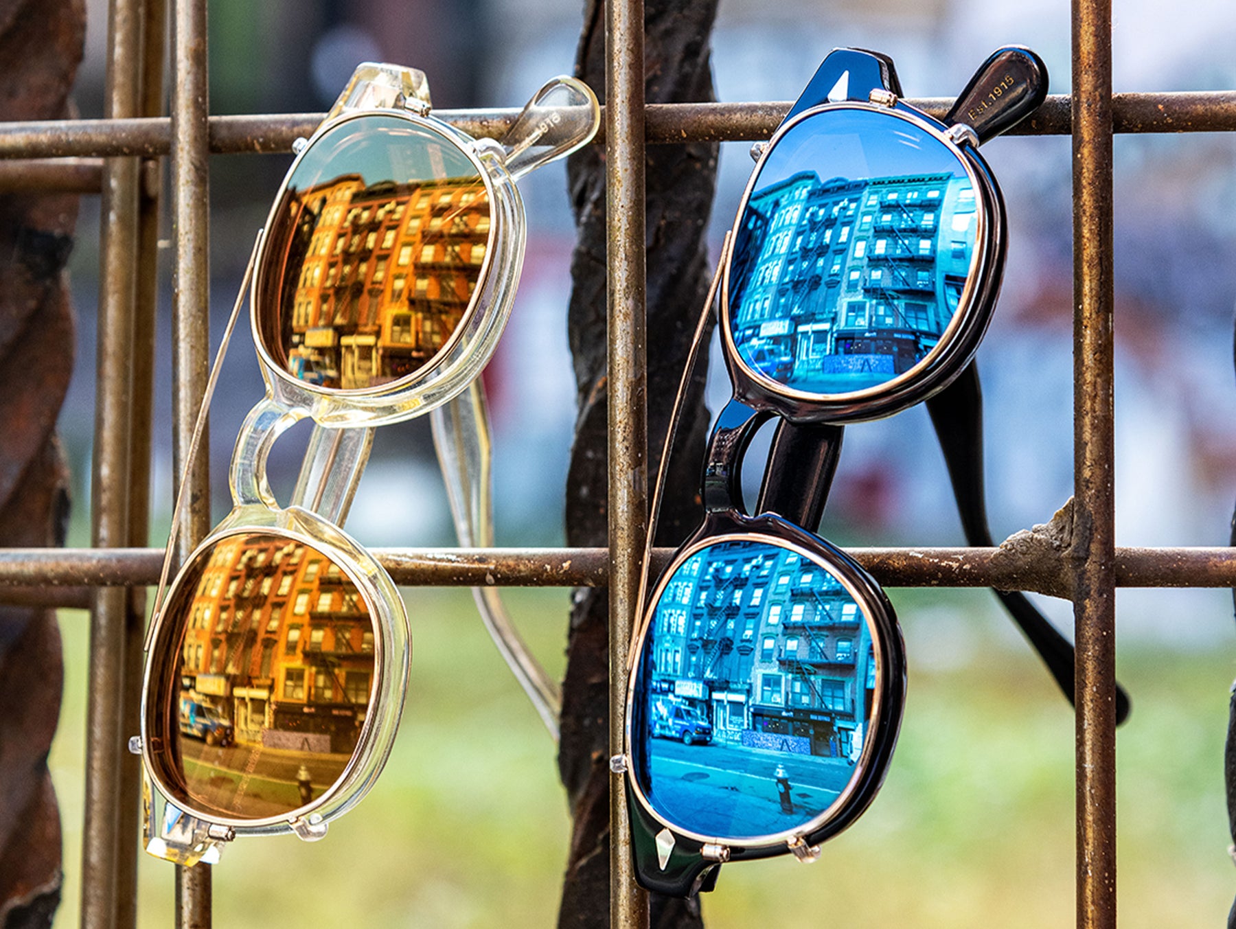 The CLIPTOSH in Gold with Gold Mirror Lenses and the CLIPTOSH In Gold with Blue Mirror Lenses