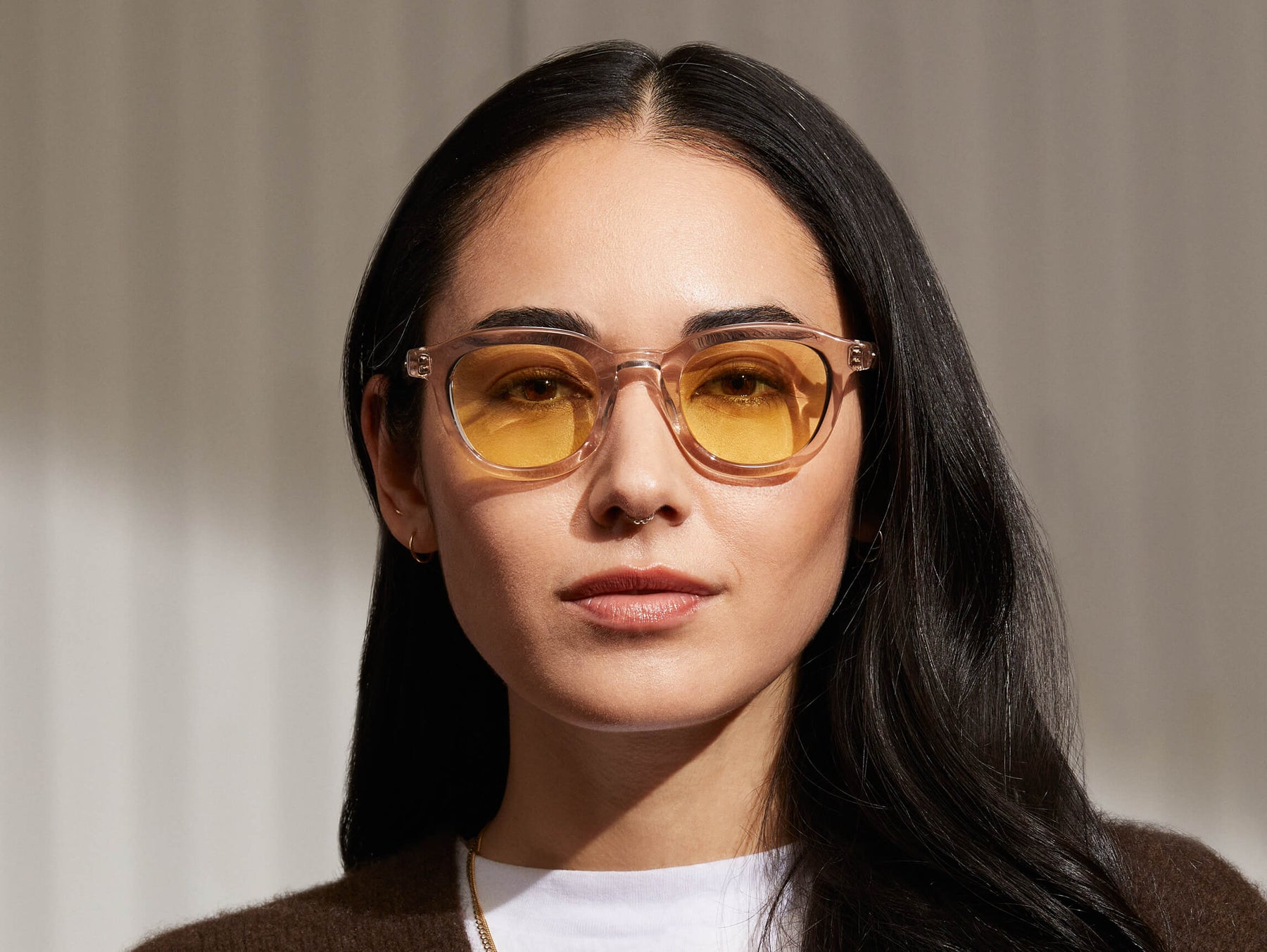 Model is wearing The DAVHEN in Mist in size 47 with Pastel Yellow Tinted Lenses