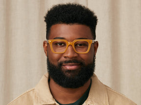 Model is wearing The GROBER in size 48 in Honey/Tortoise