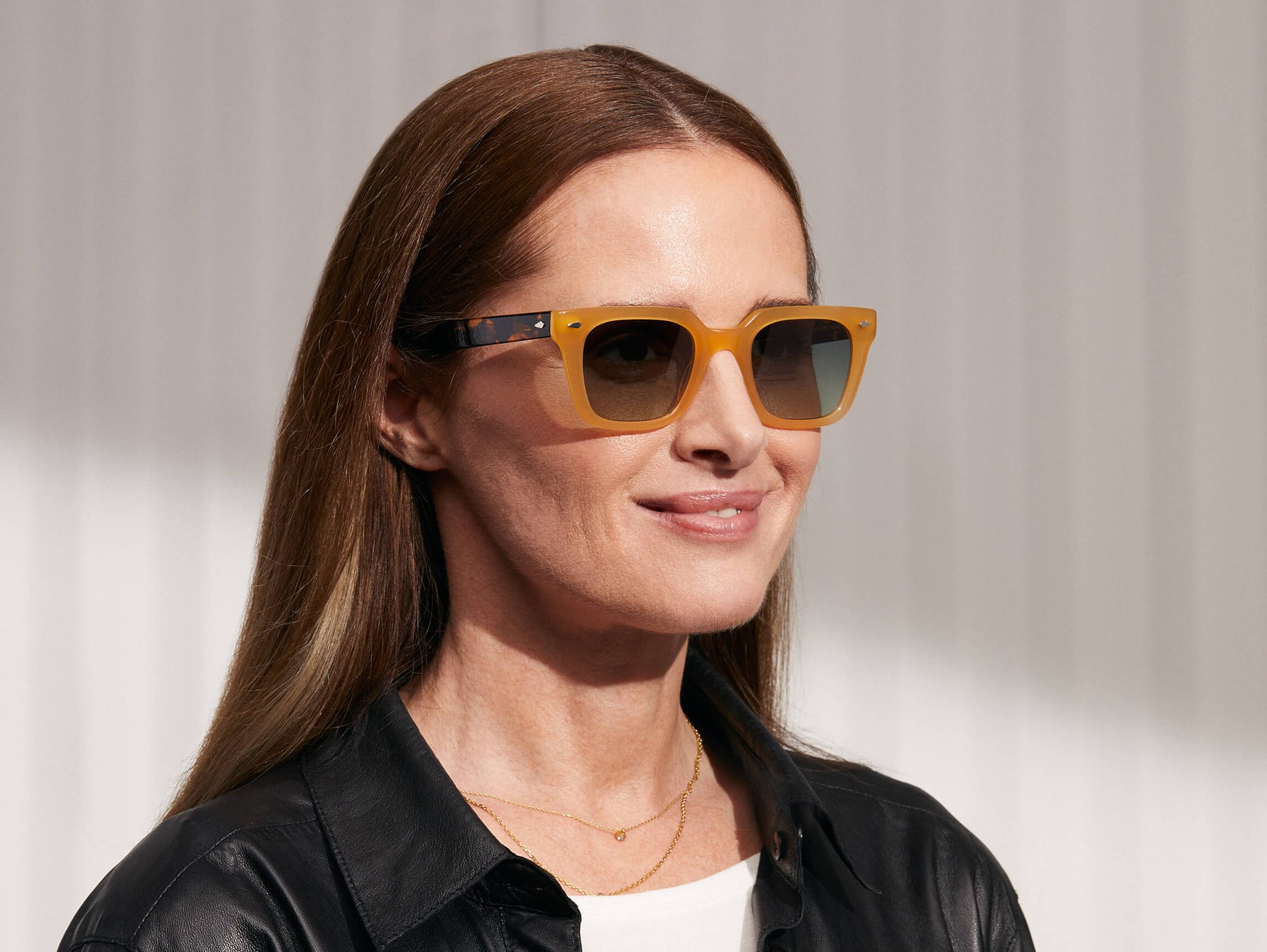 Model is wearing The GROBER SUN in Honey/Tortoise in size 48 with Forest Wood Tinted Lenses