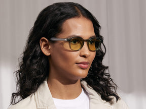 Model is wearing The LEMTOSH in Sage in size 46 with Limelight Tinted Lenses