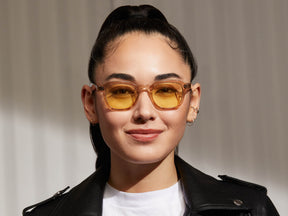 Model is wearing The MOMZA in Cinnamon in size 46 with Pastel Yellow Tinted Lenses