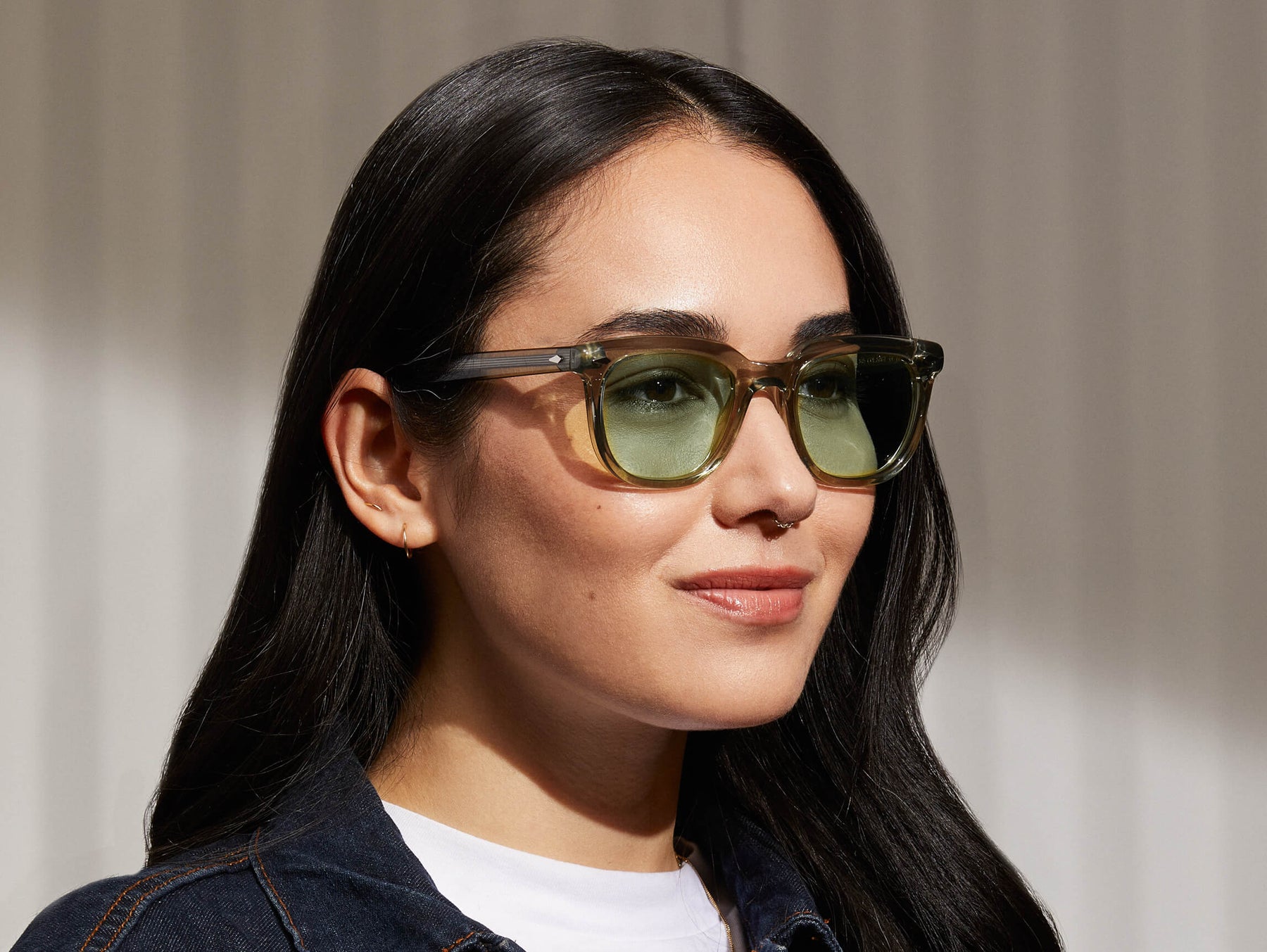 Model is wearing The YONTIF in Sage in size 49 with Limelight Tinted Lenses